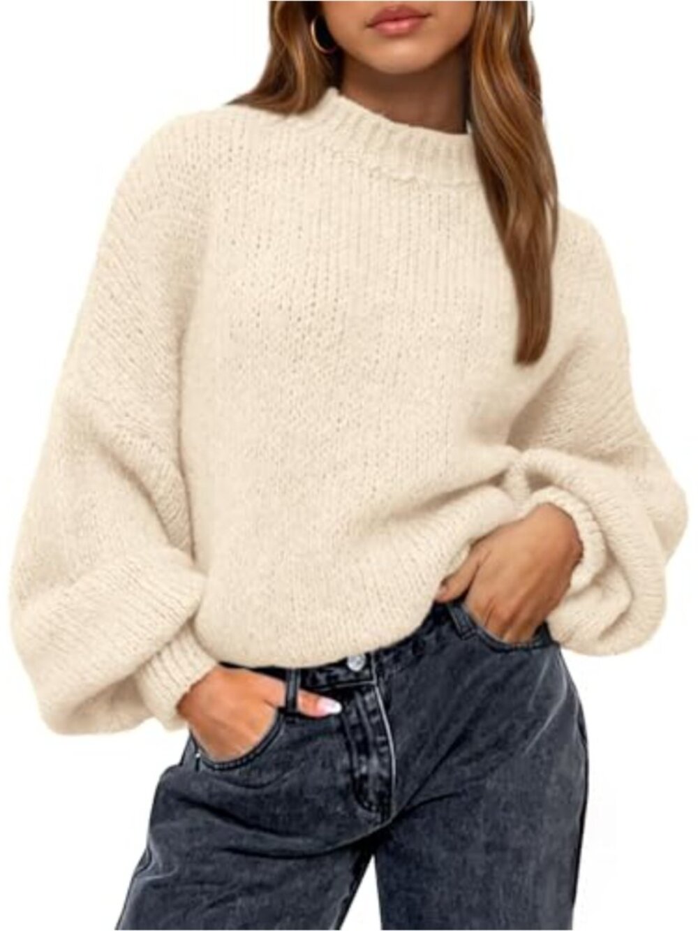Oversized Crew Neck Knit Sweater with Lantern Sleeves